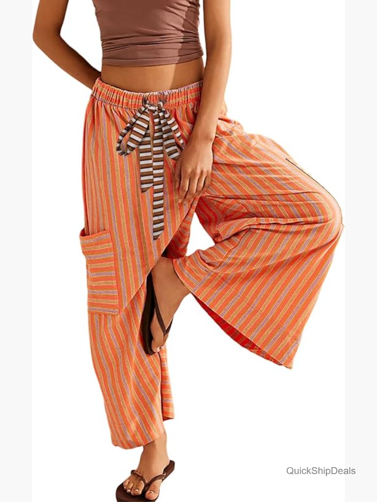 Women Drawstring Striped Wide Leg Lounge Pants
